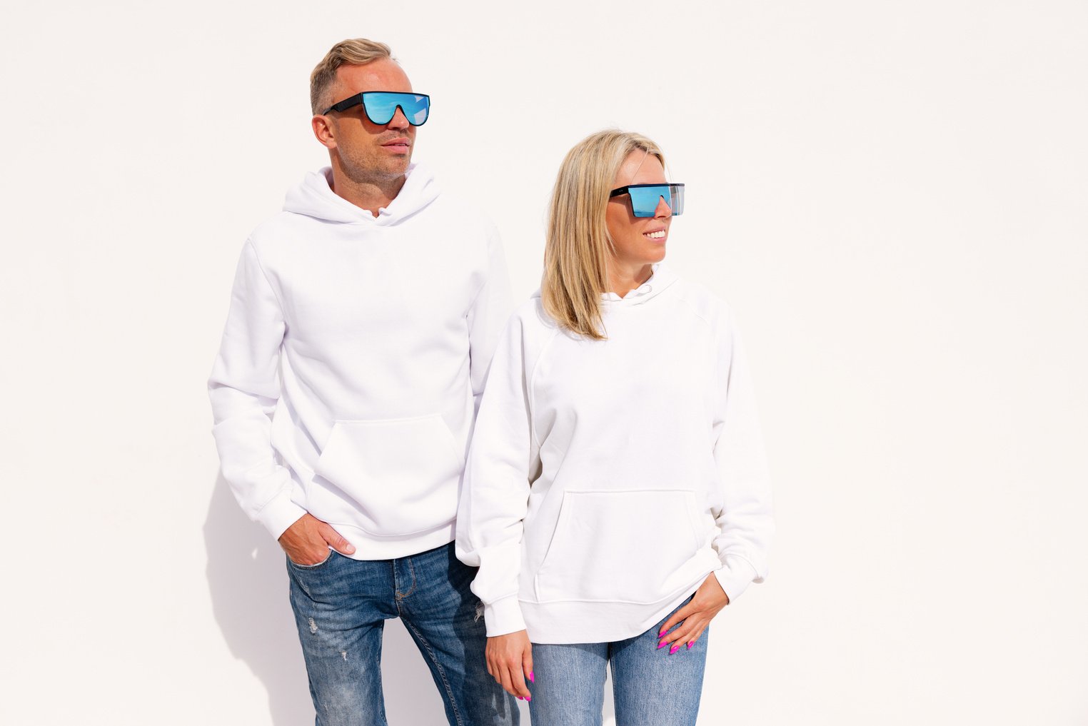 Woman and Man Wearing White Hoodies, Mockup for Custom Hoody Sweatshirt Design